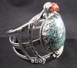 Vintage John Martinez Navajo Sterling Silver, Turquoise & Coral Cuff Bracelet