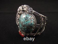 Vintage John Martinez Navajo Sterling Silver, Turquoise & Coral Cuff Bracelet