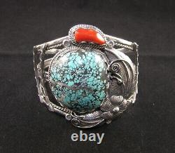 Vintage John Martinez Navajo Sterling Silver, Turquoise & Coral Cuff Bracelet