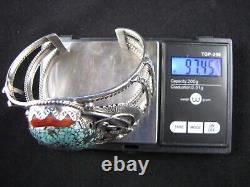 Vintage John Martinez Navajo Sterling Silver, Turquoise & Coral Cuff Bracelet