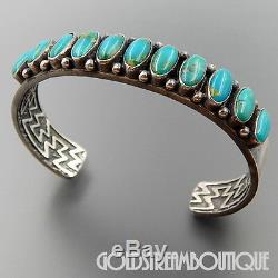 Vintage Kirk Smith Navajo 925 Silver 11 Green Turquoise Cluster Cuff Bracelet