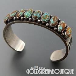 Vintage Kirk Smith Navajo 925 Silver 9 Turquoise Rug Design Thick Cuff Bracelet