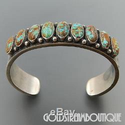 Vintage Kirk Smith Navajo 925 Silver 9 Turquoise Rug Design Thick Cuff Bracelet