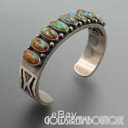 Vintage Kirk Smith Navajo 925 Silver 9 Turquoise Rug Design Thick Cuff Bracelet