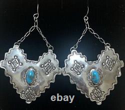 Vintage LARGE BIG Navajo Sterling Silver Turquoise Earrings
