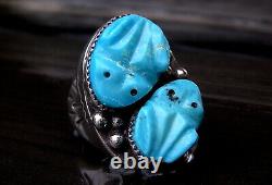 Vintage Large Zuni or Navajo Silver Carved Turquoise Frog Fetish Ring 42g Sz 12