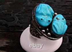 Vintage Large Zuni or Navajo Silver Carved Turquoise Frog Fetish Ring 42g Sz 12