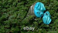 Vintage Large Zuni or Navajo Silver Carved Turquoise Frog Fetish Ring 42g Sz 12