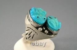 Vintage Large Zuni or Navajo Silver Carved Turquoise Frog Fetish Ring 42g Sz 12