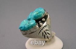 Vintage Large Zuni or Navajo Silver Carved Turquoise Frog Fetish Ring 42g Sz 12