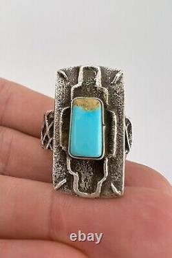 Vintage Lee Begay Navajo Tufa Sandcast Sterling Silver Blue Gem Turquoise Ring