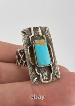 Vintage Lee Begay Navajo Tufa Sandcast Sterling Silver Blue Gem Turquoise Ring