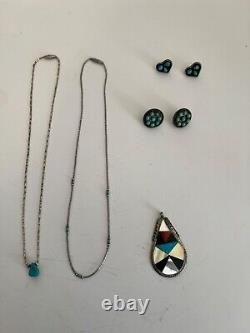 Vintage Lot Navajo Sterling And Turquoise Necklace Earrings Pendant