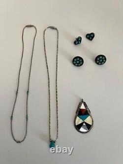 Vintage Lot Navajo Sterling And Turquoise Necklace Earrings Pendant