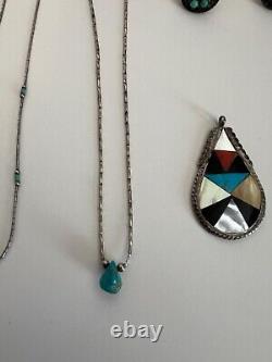 Vintage Lot Navajo Sterling And Turquoise Necklace Earrings Pendant