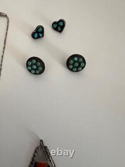 Vintage Lot Navajo Sterling And Turquoise Necklace Earrings Pendant