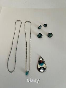 Vintage Lot Navajo Sterling And Turquoise Necklace Earrings Pendant