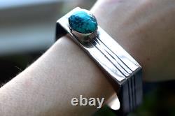 Vintage MODERNIST GEOMETRIC TURQUOISE STERLING cuff bracelet Navajo Hopi signed