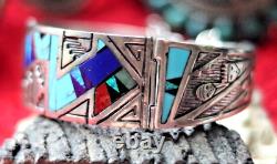 Vintage MULTI-STONE PANEL BRACELET hinged turquoise opal tribal STERLING Navajo