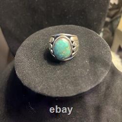 Vintage Mans Navajo Sterling Turquoise Ring Signed H Cortez Size 10