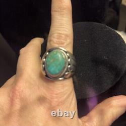 Vintage Mans Navajo Sterling Turquoise Ring Signed H Cortez Size 10