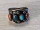 Vintage Men's Navajo Turquoise and Coral Cabochons Silver Ring Native American