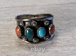 Vintage Men's Navajo Turquoise and Coral Cabochons Silver Ring Native American
