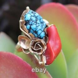 Vintage NAVAJO 14K GOLD RING signed George HENRY size 6 rose TURQUOISE & CORAL