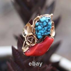 Vintage NAVAJO 14K GOLD RING signed George HENRY size 6 rose TURQUOISE & CORAL