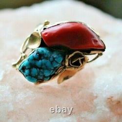 Vintage NAVAJO 14K GOLD RING signed George HENRY size 6 rose TURQUOISE & CORAL