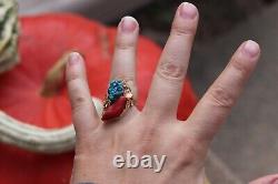 Vintage NAVAJO 14K GOLD RING signed George HENRY size 6 rose TURQUOISE & CORAL