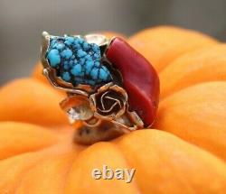 Vintage NAVAJO 14K GOLD RING signed George HENRY size 6 rose TURQUOISE & CORAL