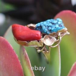 Vintage NAVAJO 14K GOLD RING signed George HENRY size 6 rose TURQUOISE & CORAL