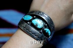 Vintage NAVAJO 3-STONE SHADOWBOX TURQUOISE CUFF signed CJ CORBET JOE old pawn