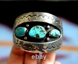 Vintage NAVAJO 3-STONE SHADOWBOX TURQUOISE CUFF signed CJ CORBET JOE old pawn