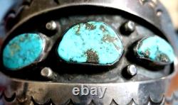 Vintage NAVAJO 3-STONE SHADOWBOX TURQUOISE CUFF signed CJ CORBET JOE old pawn