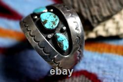 Vintage NAVAJO 3-STONE SHADOWBOX TURQUOISE CUFF signed CJ CORBET JOE old pawn