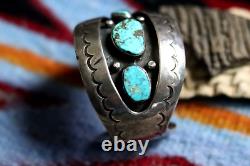 Vintage NAVAJO 3-STONE SHADOWBOX TURQUOISE CUFF signed CJ CORBET JOE old pawn