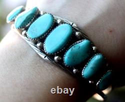 Vintage NAVAJO 7-STONE TURQUOISE CUFF BRACELET signed LAURA T DABBS & Sons