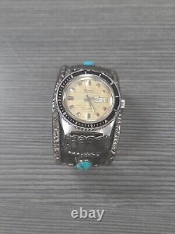 Vintage NAVAJO CUFF WATCH BAND Bracelet STERLING & TURQUOISE LUCERNE WATCH