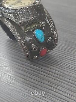 Vintage NAVAJO CUFF WATCH BAND Bracelet STERLING & TURQUOISE LUCERNE WATCH