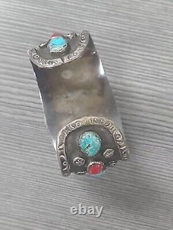 Vintage NAVAJO CUFF WATCH BAND Bracelet STERLING & TURQUOISE LUCERNE WATCH