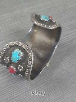 Vintage NAVAJO CUFF WATCH BAND Bracelet STERLING & TURQUOISE LUCERNE WATCH