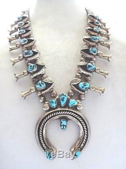 Vintage NAVAJO Hand Stamped STERLING and TURQUOISE Squash Blossom NECKLACE 264g