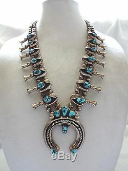 Vintage NAVAJO Hand Stamped STERLING and TURQUOISE Squash Blossom NECKLACE 264g