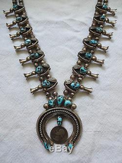 Vintage NAVAJO Hand Stamped STERLING and TURQUOISE Squash Blossom NECKLACE 264g