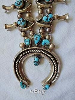 Vintage NAVAJO Hand Stamped STERLING and TURQUOISE Squash Blossom NECKLACE 264g