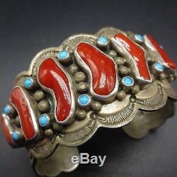 Vintage NAVAJO Hand-Stamped Sterling Silver CORAL & TURQUOISE Cuff BRACELET