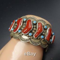 Vintage NAVAJO Hand-Stamped Sterling Silver CORAL & TURQUOISE Cuff BRACELET