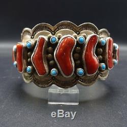 Vintage NAVAJO Hand-Stamped Sterling Silver CORAL & TURQUOISE Cuff BRACELET